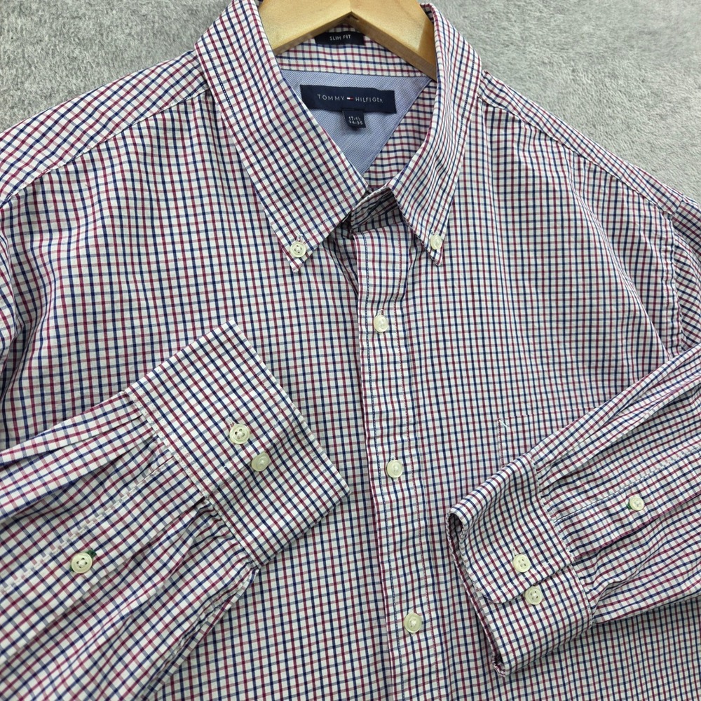 Americana TOMMY HILFIGER Tattersall SLIM FIT Shirt Mens 17.5 34/35 100% Cotton